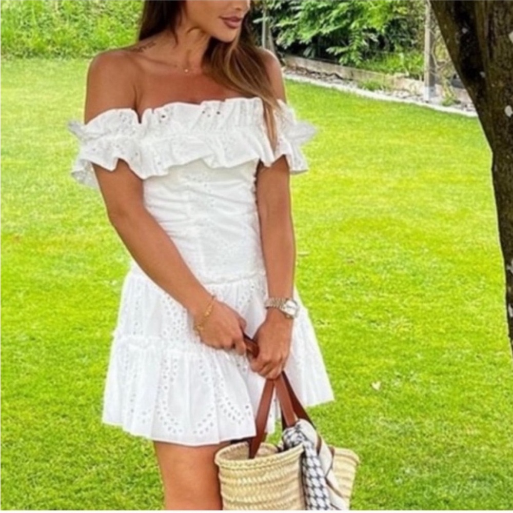Zara Off the Shoulder White Eyelet Mini Dress